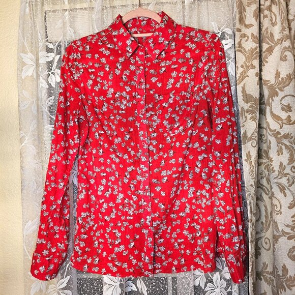 Floral Red & White Lotus Lightweight 100% Cotton Button Up Shirt, S - Picture 1 of 9
